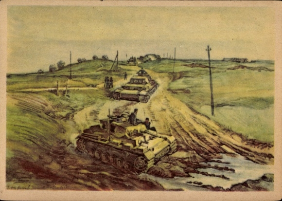 Artist Postcard Hensel, German Wehrmacht, approaching Panzer III