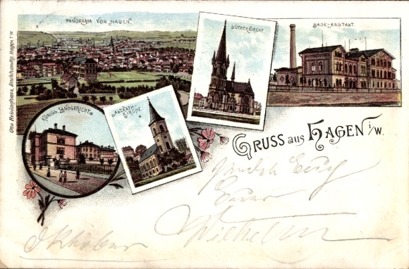 Litho Hagen Westfalen, Panorama, Badeanstalt, Kirche, Lutherkirche