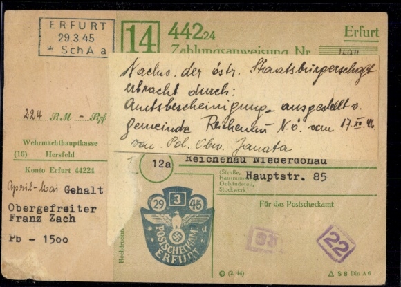Money order, embossed stamp "29.3.45 Erfurt" with certificate of origin