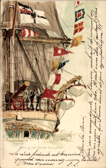 Artist Chromo-Litho Bohrdt, Happy New Year, Sailing Ship with Signal Flags