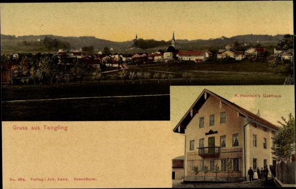 Postcard Tengling Taching am See Oberbayern, panorama, inn by K. Heinlein