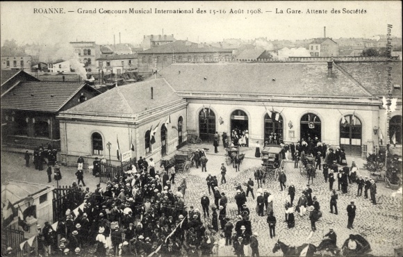 Postcard Roanne Loire, Great International Musical Competition 1908, Station