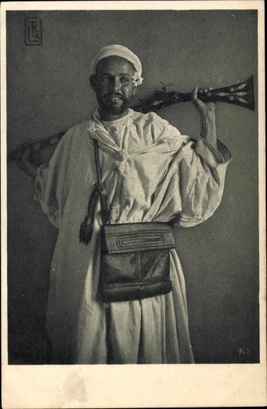 Postcard Morocco, Man in Robe, Soldier, Gun, Flower, Bag