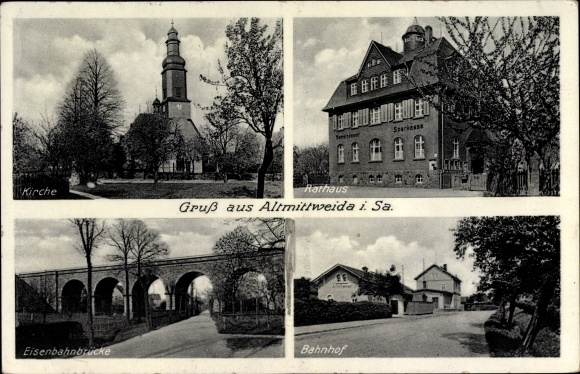 Ak Altmittweida in Saksen, stadhuis, kerk, treinstation, spoorbrug