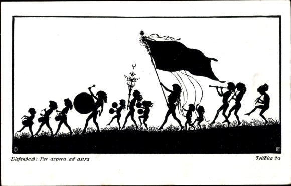 Paper cutting artist Postcard Diefenbach, Per aspera ad astra, procession, partial image 20