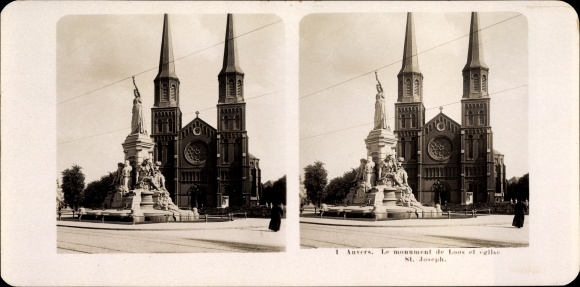 Stereo Photo Antwerp Anvers Flandern, Monument de Loos, Eglise St. Joseph