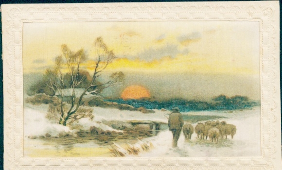 Silk Postcard Shepherd, sheep, sunset