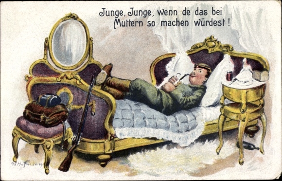 Künstler Ak Hoffmann, Ad., Soldat in Uniform mit Pfeife und Stiefeln im Bett
