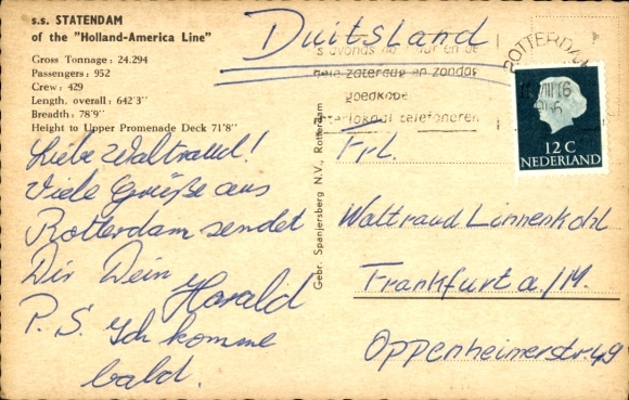 Postcard ss Statendam of the Holland America Line