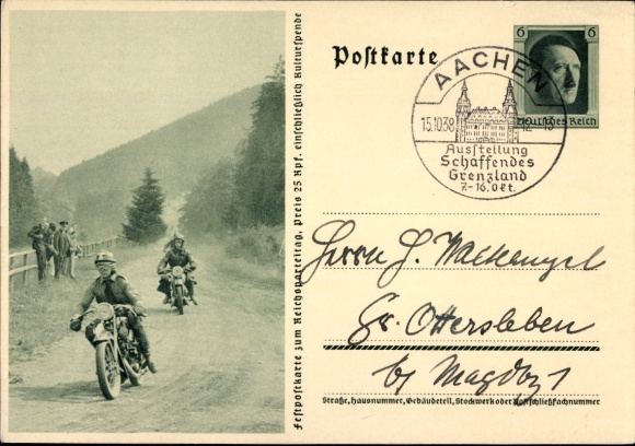 Postal stationery Postcard Krad driver, NSKK, motorcycles, Nazi party rally