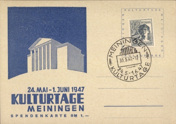 Postcard Meiningen in Thuringia, Cultural Days, Donation Card, May June 1947