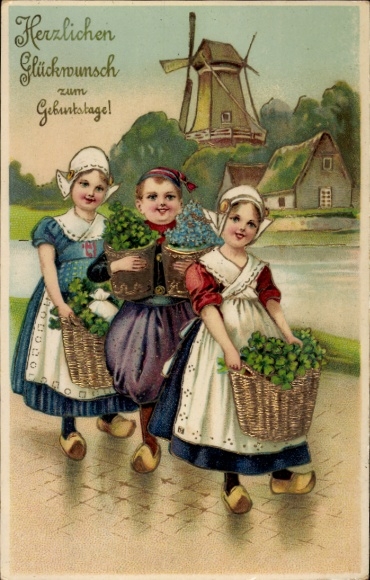 Chromo-Litho Happy Birthday, clover, windmill, children in Dutch costume