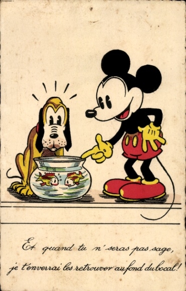 Ak Walt Disney, Mickey Mouse, Pluto, Fische im Aquarium