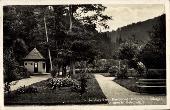Postcard Bad Berneck in the Fichtelgebirge Bavaria, climatic health resort, Kneipp bath, garden landscape, pavilion