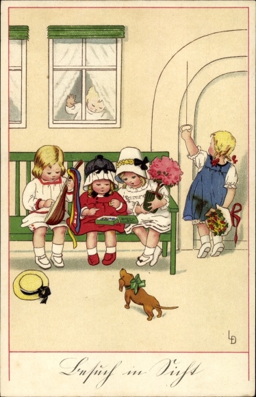 Artist Postcard Döring, Lia, children with flowers and chocolates, lute, dachshund