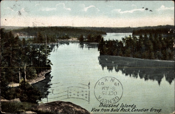 Postcard Thousand Islands Ontario Canada, view from Bald Rock