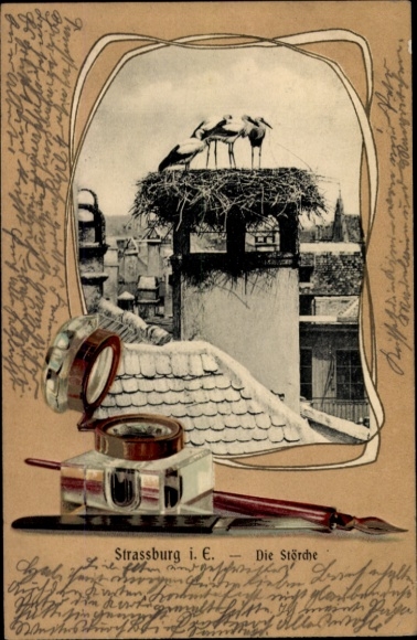 Embossed Passepartout PC Strasbourg Alsace Bas Rhin, storks, stork's nest, inkwell, quill