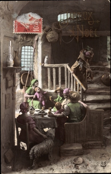 Artist Postcard Mastroianni, Domenico, congratulations Christmas, family, farmhouse, dog, table
