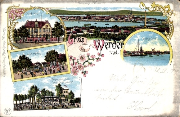 Litho Werder an der Havel, Panorama, Marktplatz, Gasthof, Mühlenbleck, Post