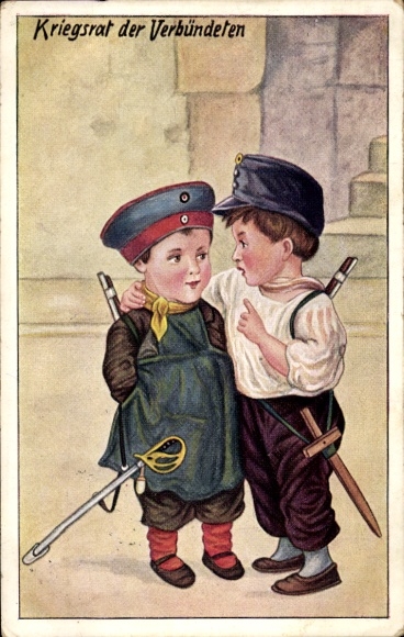 Artist Postcard Two children in uniforms, war council of the allies