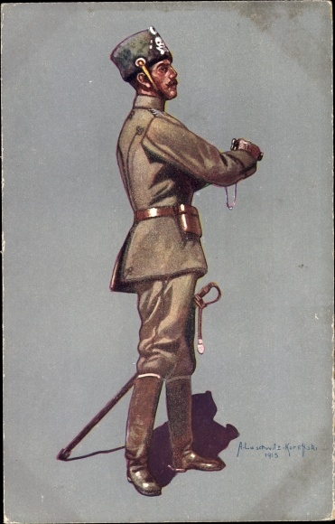 Kunstenaarskaart Lüschwitz-Koreffski, stafofficier van de 1e Leib Hus Regt nr. 1 Danzig Langfuhr, huzaar
