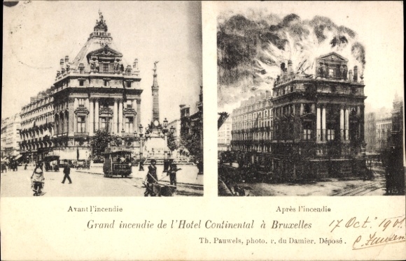 PC Brussels, Hotel Continental fire, before and after, October 17, 1919