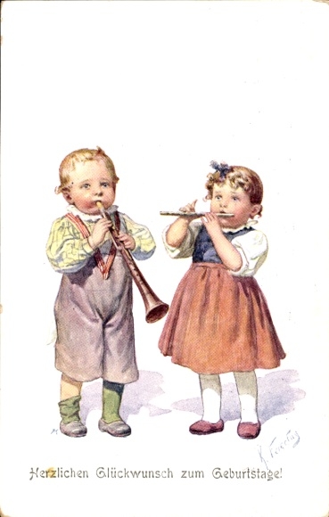 Kunstenaar Ak Holiday, Karl, gefeliciteerd met zijn verjaardag, twee kinderen spelen fluit