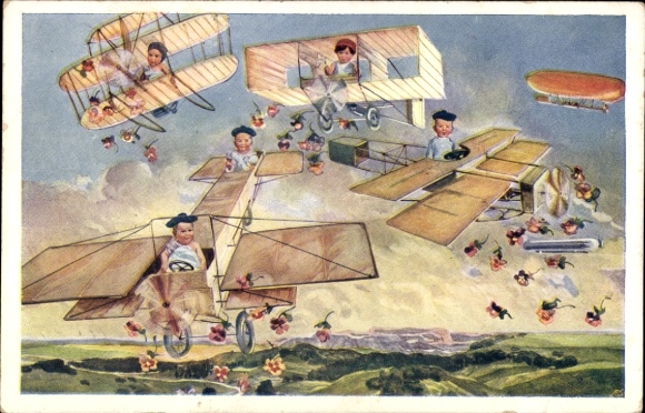Postcard Children in Airplanes, Zeppelin, Flowers