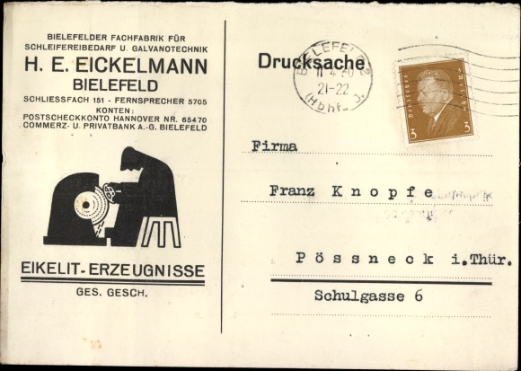 Postcard Bielefeld in North Rhine-Westphalia, HE Eickelmann, Eikelit products, grinding needs