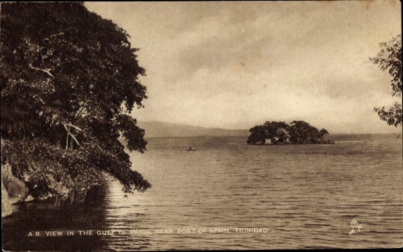 Ak Port of Spain Trinidad & Tobago, Landschaft mit Wasser, Pelican Island, Boot, Bäume