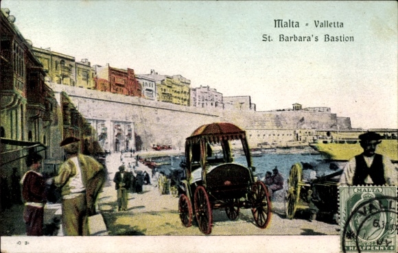 Postcard Valletta Malta, Malta, Valletta, St. Barbara's Bastion, historical architecture, horse-drawn carriage