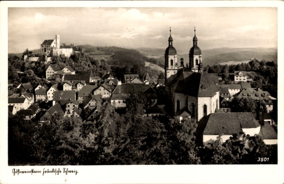 Postcard Gößweinstein in Upper Franconia, historical town view, church, castle ruins, Franconian Switzerland