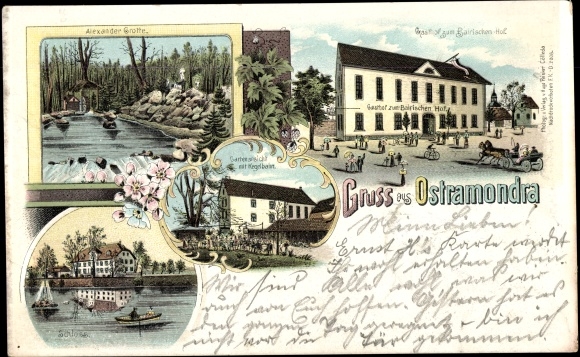 Postcard Ostramondra in Thuringia, castle, Alexander grotto, inn at the Bavarian Court
