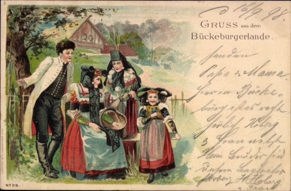 Litho Bad Nenndorf an der Weser, Bückeburg, Menschen in Volkstrachten