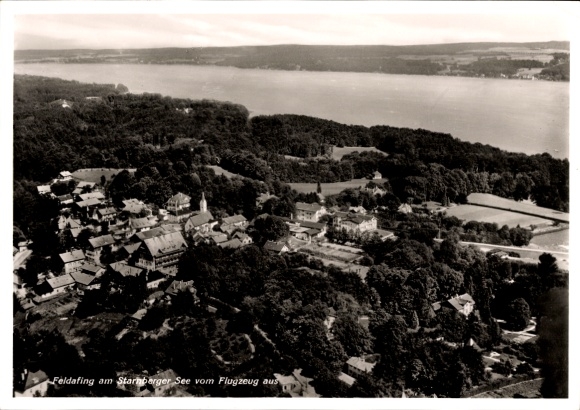 Postcard Feldafing on Lake Starnberg Upper Bavaria, aerial view of Lake Starnberg, forest, houses, lake