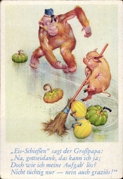 Collector's picture funny pictures No. 12, orangutan and pig curling with vegetables