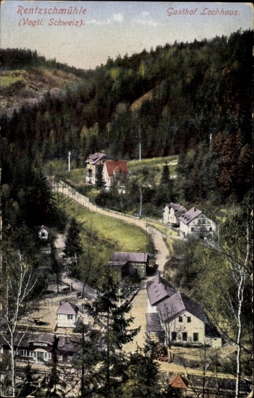 Postcard Rentzschmühle Pöhl in the Vogtland, mountain landscape, Gasthof Lochhaus