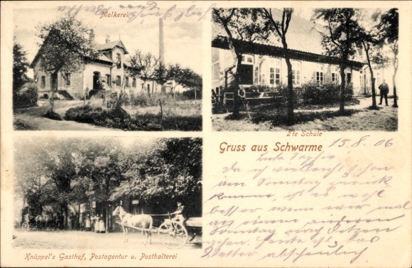 Postcard Schwarme in Lower Saxony, dairy, second school, Knüppels Gasthof, postal agency, post office