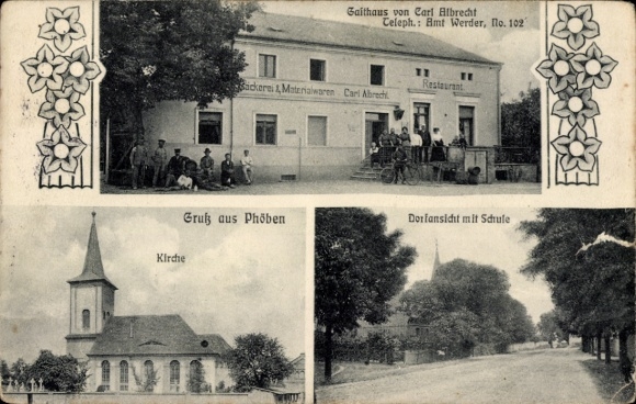 Ak Phöben Werder an der Havel, Kirche, Gasthaus Carl Albrecht, Geschäft, Bäckerei, Schule
