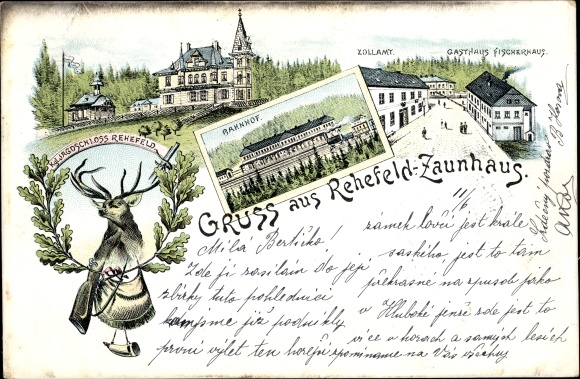 Chromo-Litho Rehefeld Zaunhaus Altenberg in the Ore Mountains, hunting lodge, train station, customs office, Fischerhaus inn