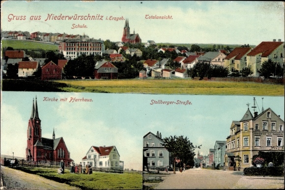 PC Niederwürschnitz in the Erzgebirge of Saxony, church, vicarage, Stollberger Straße, total view