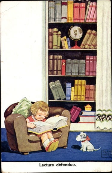 Artist PC Wills, John, girl in chair, big book, dog