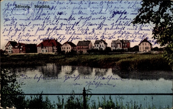 Ak Schleswig op de Schlei, uitzicht op de Schlei, huizen