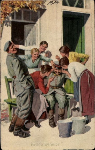 Artist Postcard Always Expert, Military Terms No. 4, Drum Fire, Soldiers