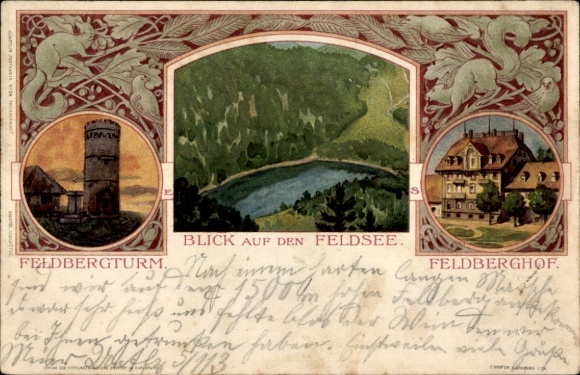 Art Nouveau litho Feldberg in the Black Forest, Feldberg tower, Feldsee, squirrel
