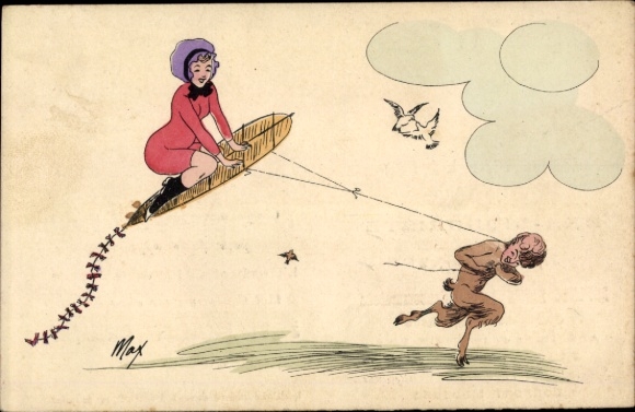 Artist Postcard Max, kite sport, woman on a kite, Pan, birds