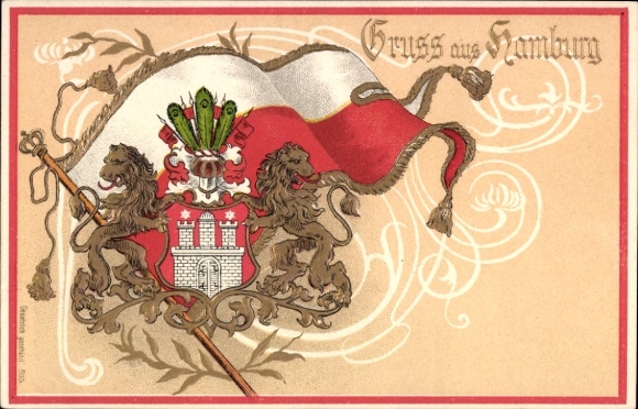 Embossed coat of arms Chromo-Litho Hamburg, city coat of arms, flag