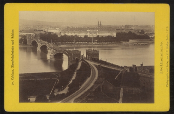 Cabinet Photo Koblenz, view over the Rhine, railway bridge, castle
