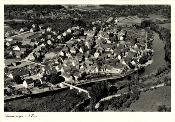 Postcard Oberriexingen in Württemberg, aerial view of Oberriexingen, river, bridge, houses, landscape