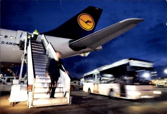 Postcard Frankfurt am Main, Airport, Airplane D-AIKB, Lufthansa, Bus